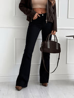 Latest Style Women's High-Waist Imitation Denim Pants, Casual Street Style Loose Wide-Leg Versatile Trendy Outfit, Elegant and Comfortable Stretch Imitation Denim Trousers - Black