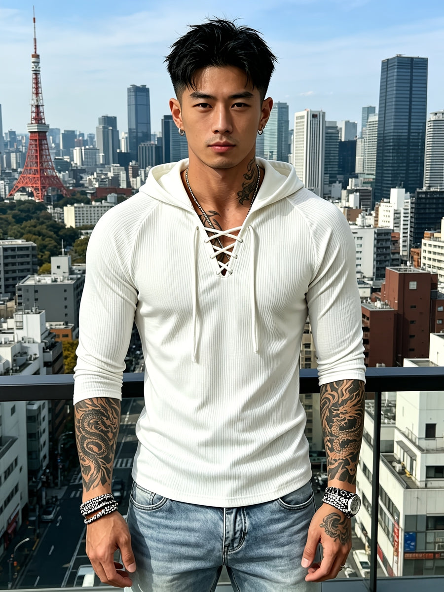[Josh Mei OBM] Sexy Men'S Nightclub Style Deep V-Neck Lace-Up Hooded Top, Slimming And Flattering, Date Party Statement Piece, Bad Boy Style - White