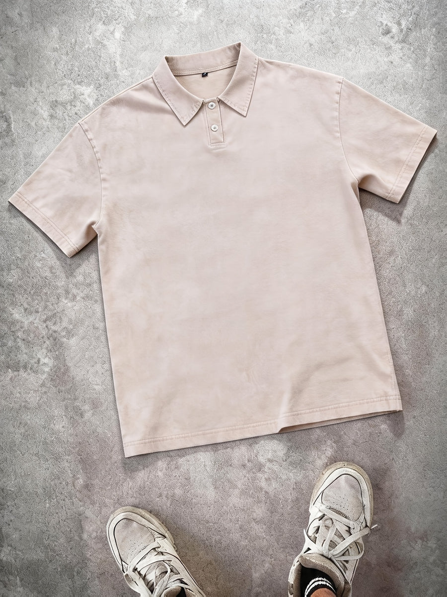 American Vintage Washed Distressed Heavyweight Polo Short Sleeve Men's Spring/Summer Streetwear Brand Loose Fit Versatile Short Sleeve Lapel T-Shirt Casual Street Top - Apricot