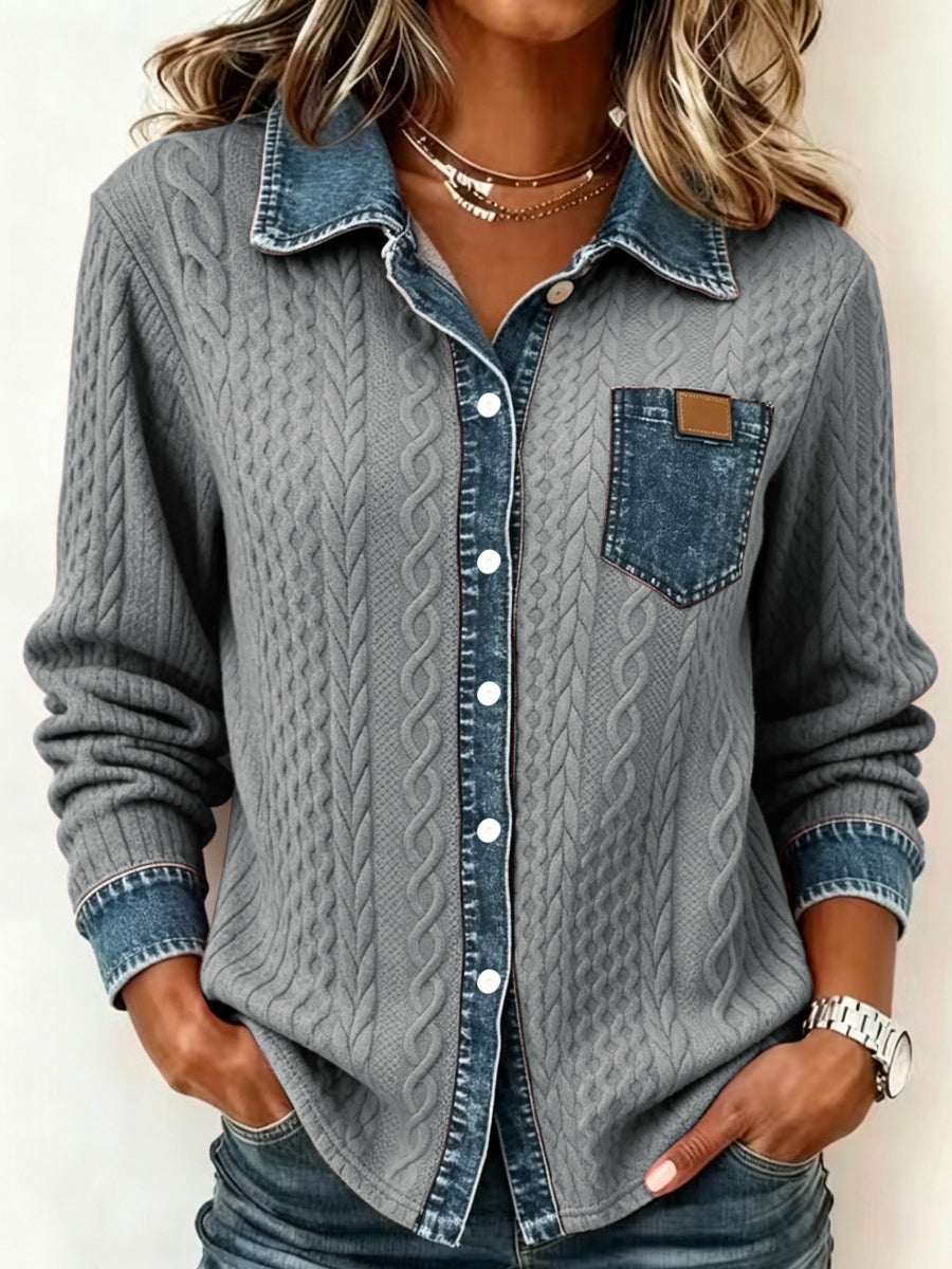 [Printed Pants - Not Faux Denim Fabric]Autumn Women'S Faux Denim Non- Patchwork Jacquard Sweatshirt Cardigan Long Sleeve Top - Grey