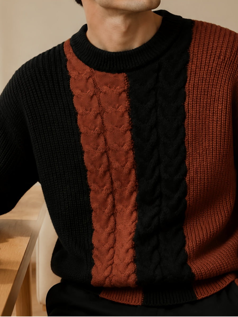 Men's Du Jing Lan OBM Color Block Knit Sweater - Old Money Style Round Neck Pullover with Contrast Long Sleeves, Business Casual Ribbed Sweater Suitable for Layering, Golf, Outdoor & Daily Wear, Spring/Autumn Winter Wardrobe Essential - Brown