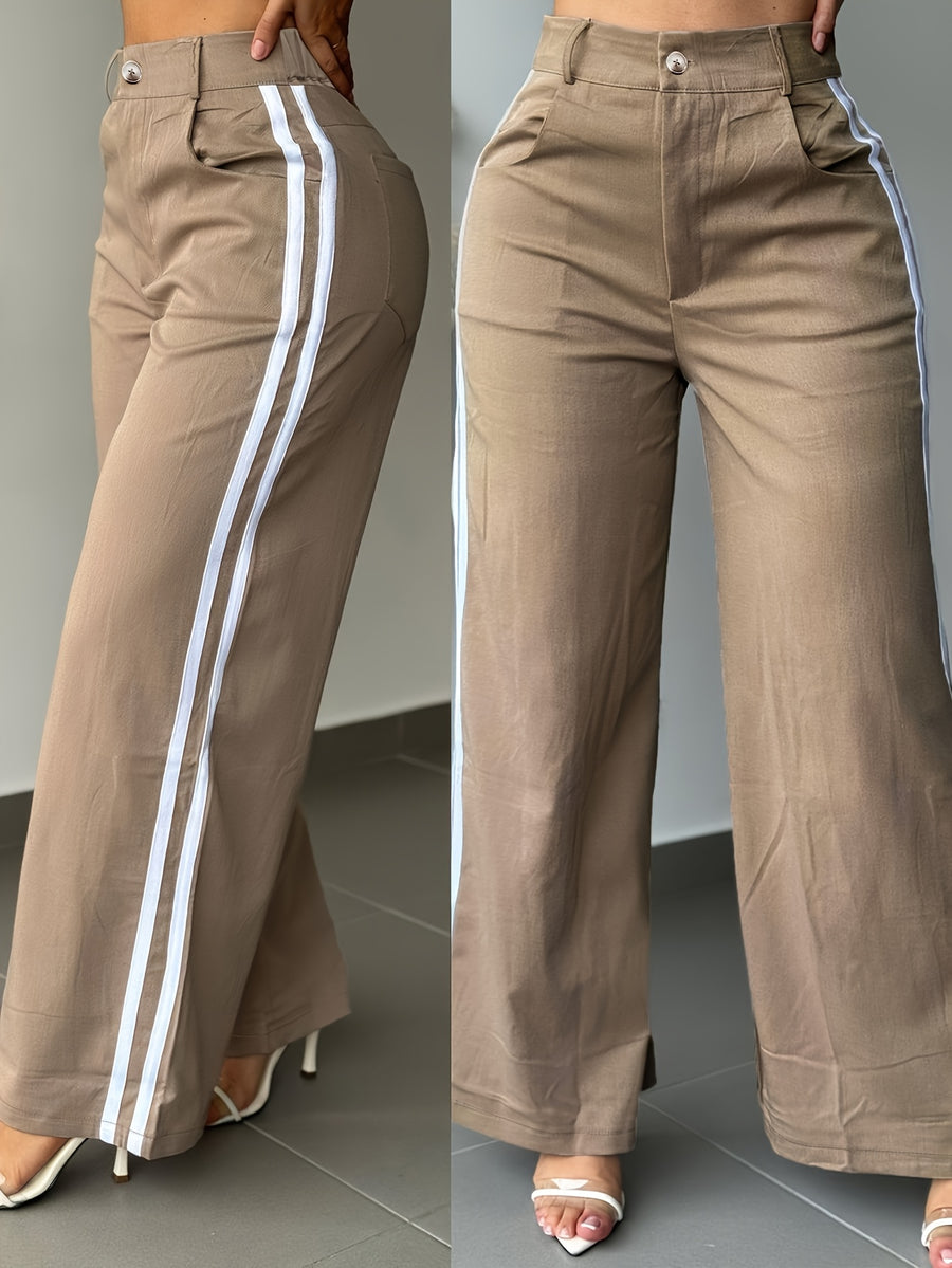 Spring and Autumn Women's Long Pants, Wide-Leg Pants with White Side Stripes, Vintage Fashionable Pants for a Tall and Look, Casual Trousers - Khaki