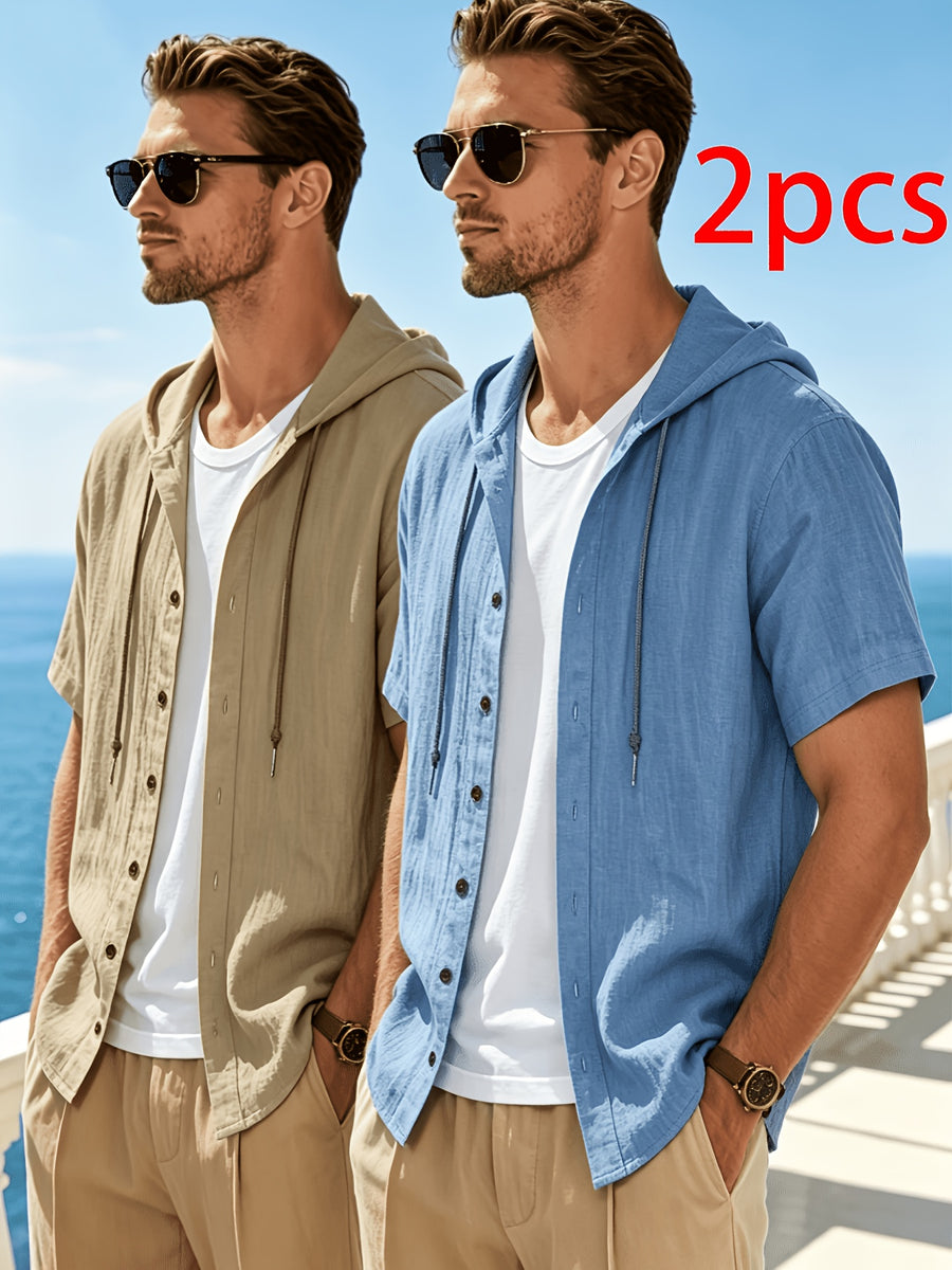 Men's 2pcs Short-Sleeve Hoodie Shirt, Regular Fit, Lightweight Open Cardigan, Vacation Casual Top - Khaki+Sky Blue