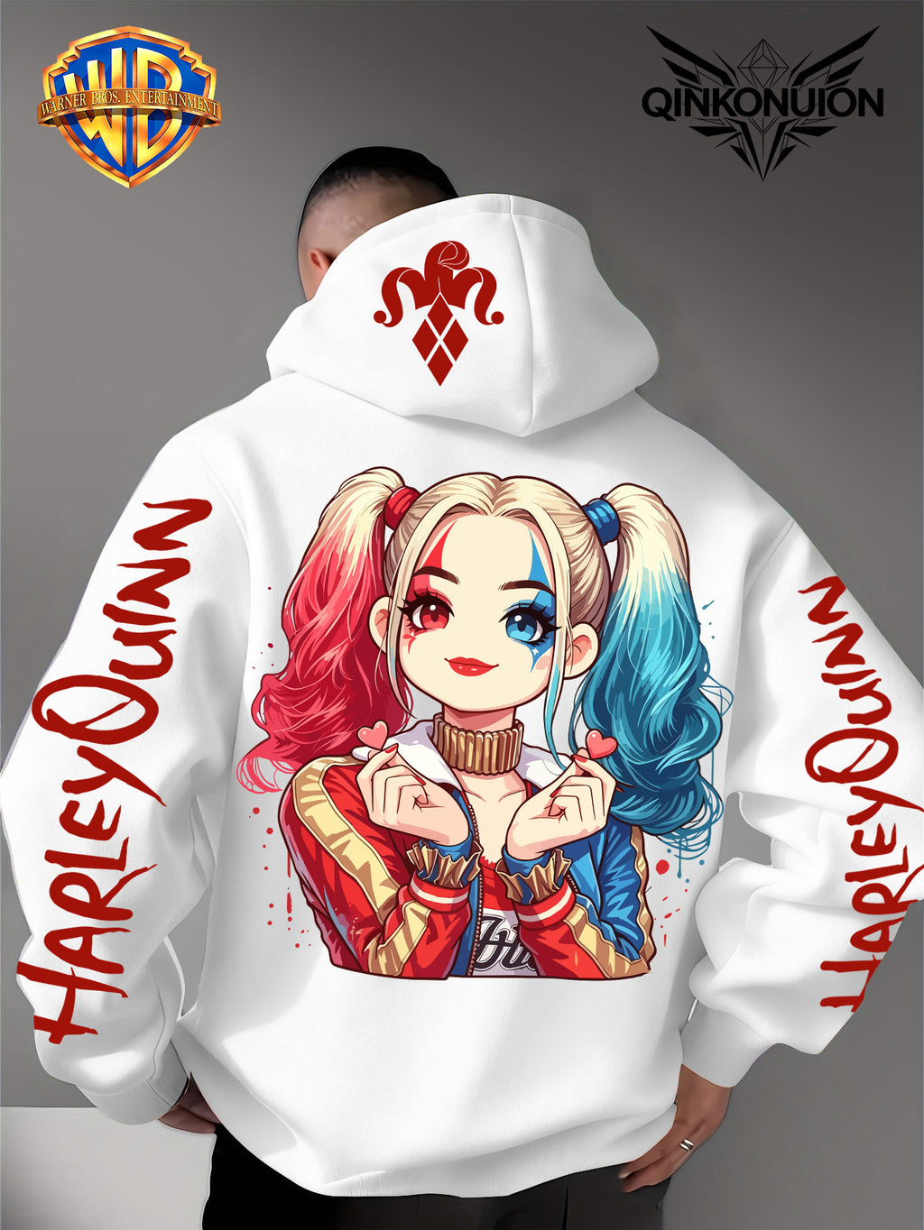 Warner Official Men'S Hoodie, Q-Version Quinn Red Blue Double Ponytail Cute Print Design, Machine Washable, Warm And Casual for Autumn And Winter, Daily Drawstring Hoodie, Multifunctional Sports And Casual Loose Fit - White
