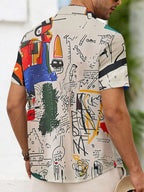 Men's Digital Print Shirt with Interwoven Abstract Graffiti, Vibrant Colors and Free-spirited Line Patterns, a Casual Men's Top - Mixed colors
