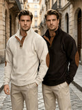 Men'S 2pcs Corduroy Pullover Sweatshirt Set, Half-Button Stand Collar Long Sleeve Top with Elbow Patchwork, Retro Vertical Texture Fabric, Loose Fit Soft Warm Comfortable Pullover Sweater, Suitable for Autumn/Winter Casual Wear - Coffee + Apricot