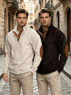Men'S 2pcs Corduroy Pullover Sweatshirt Set, Half-Button Stand Collar Long Sleeve Top with Elbow Patchwork, Retro Vertical Texture Fabric, Loose Fit Soft Warm Comfortable Pullover Sweater, Suitable for Autumn/Winter Casual Wear - Coffee + Apricot