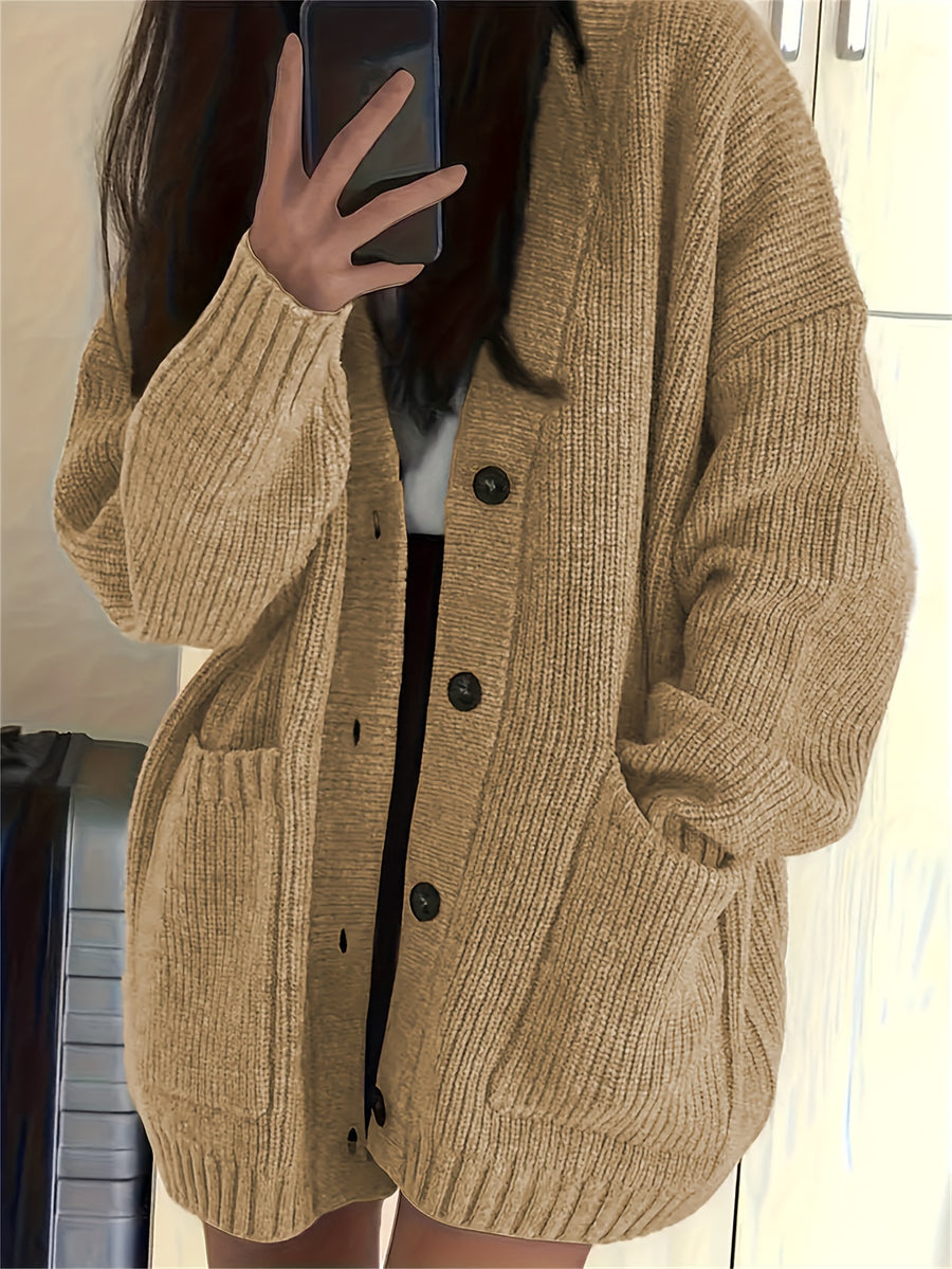 Casual V-Neck Single-Breasted Sweater Coat for Women with Double Pockets, Autumn and Winter Cardigan - Yellowish-brown
