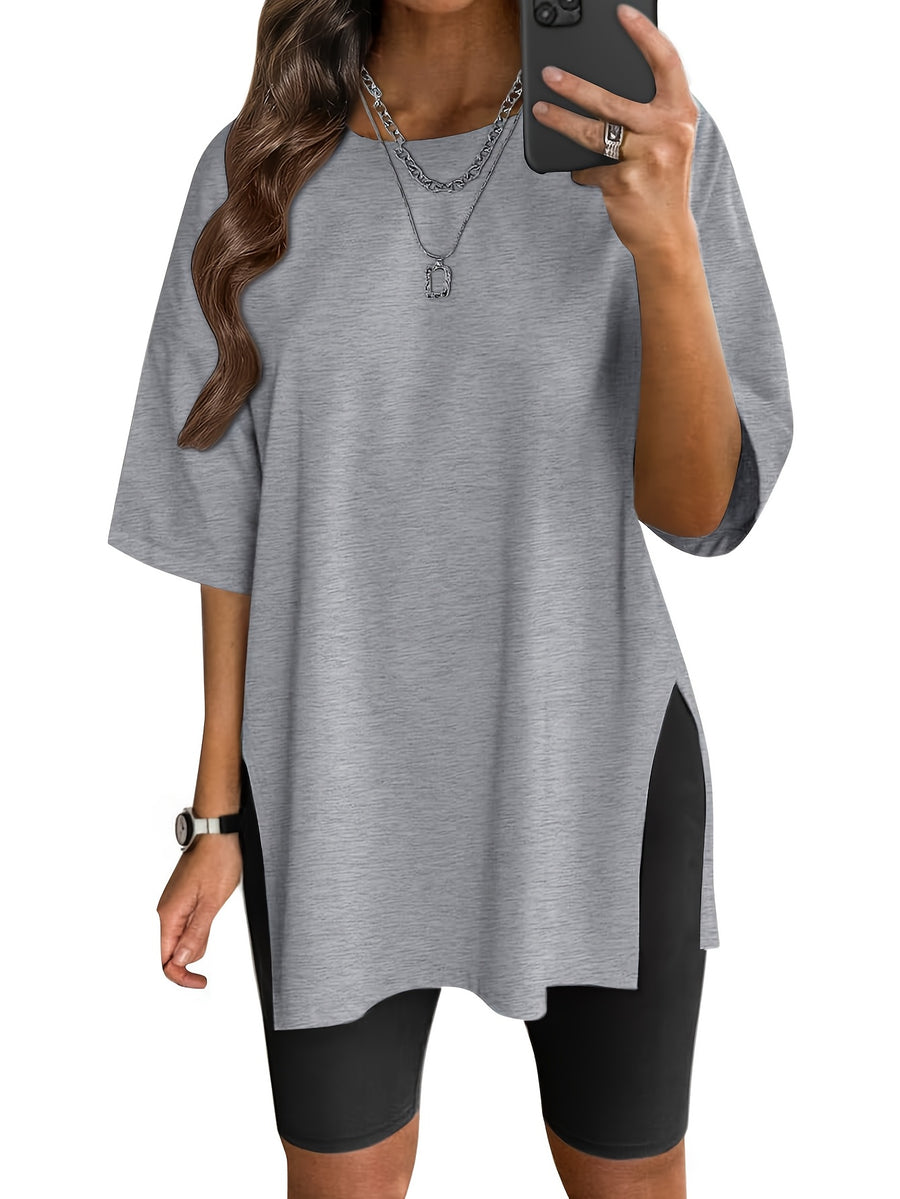 Oversized Women'S Size Top Round Neck Casual Basic Style Oversized Blouse Fashion Side Slit Loose Short Sleeve T-Shirt - Space Gray