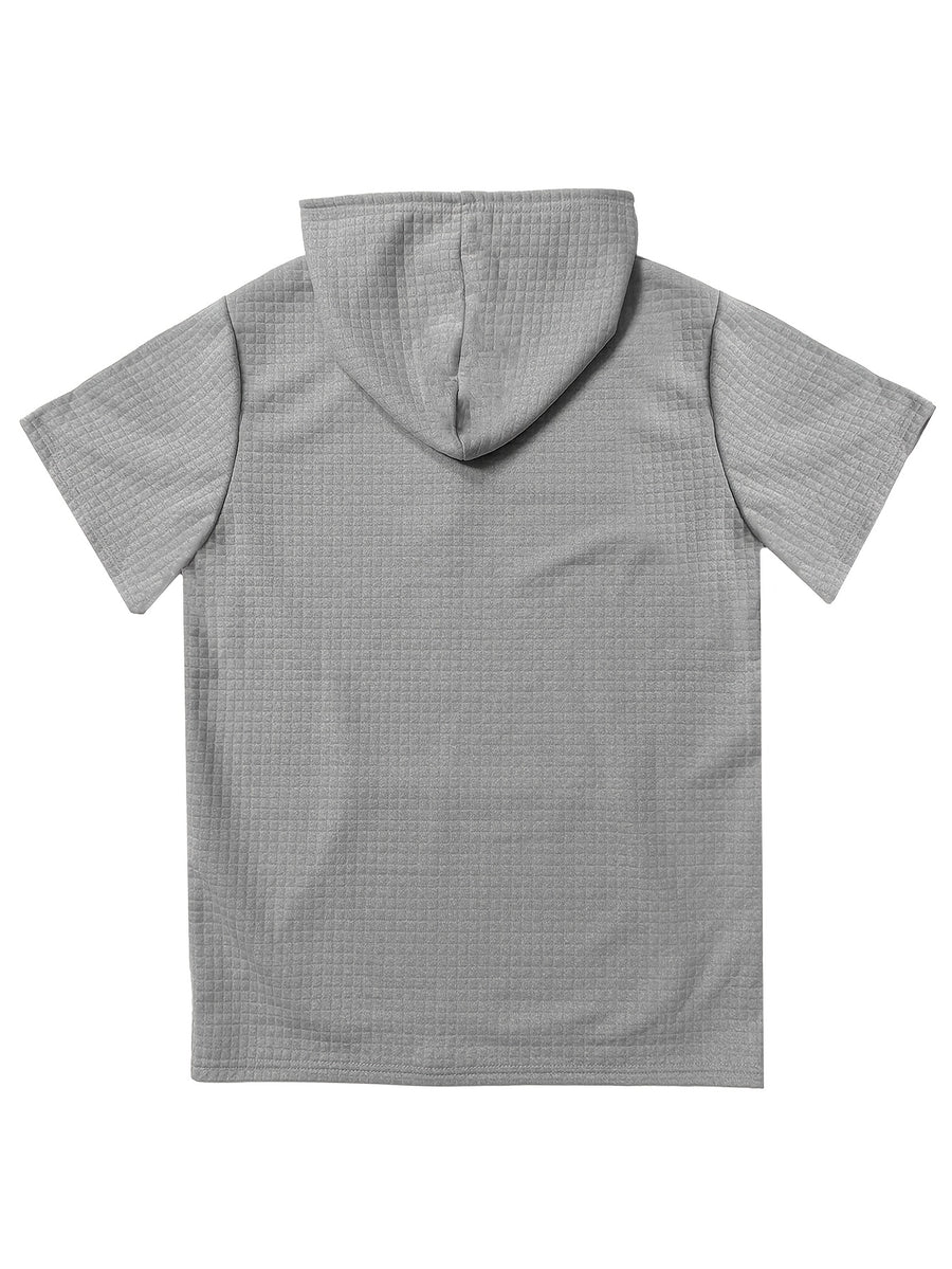 Men's Short-Sleeve Hoodie with Plaid Texture - Solid Color Hooded, Machine Washable Summer Casual Wear Suitable for Daily Outings, Gifts, Commemorative Present for Friends, Versatile Layering for Warmth (Regular Fit) - Grey