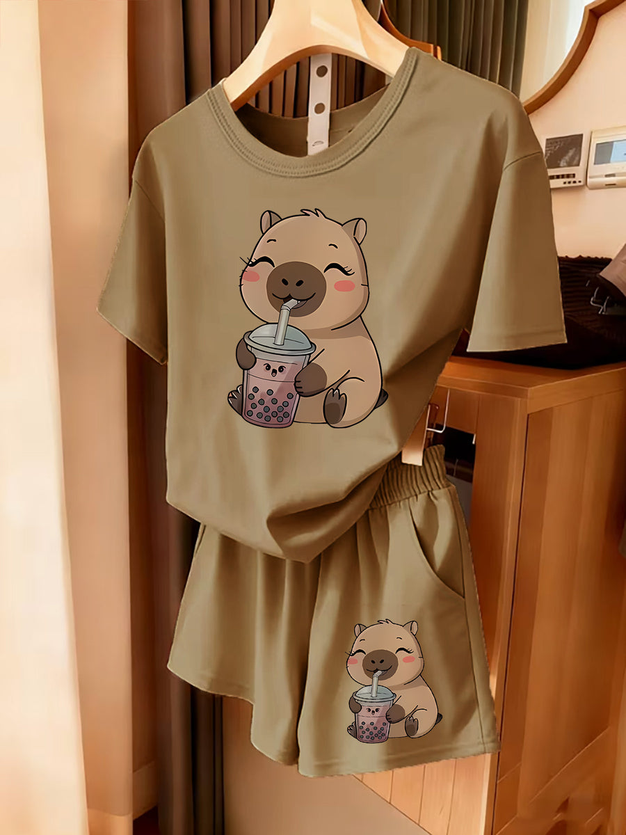 2pcs Women's Spring Summer Short Sleeve & Shorts Matching Outfit - Capybara Print Pajamas Gym Wear Sleepwear, Soft Breathable Pajamas, Valentine's Day Gift, Machine Washable 2pcs Set - Khaki+ Khaki