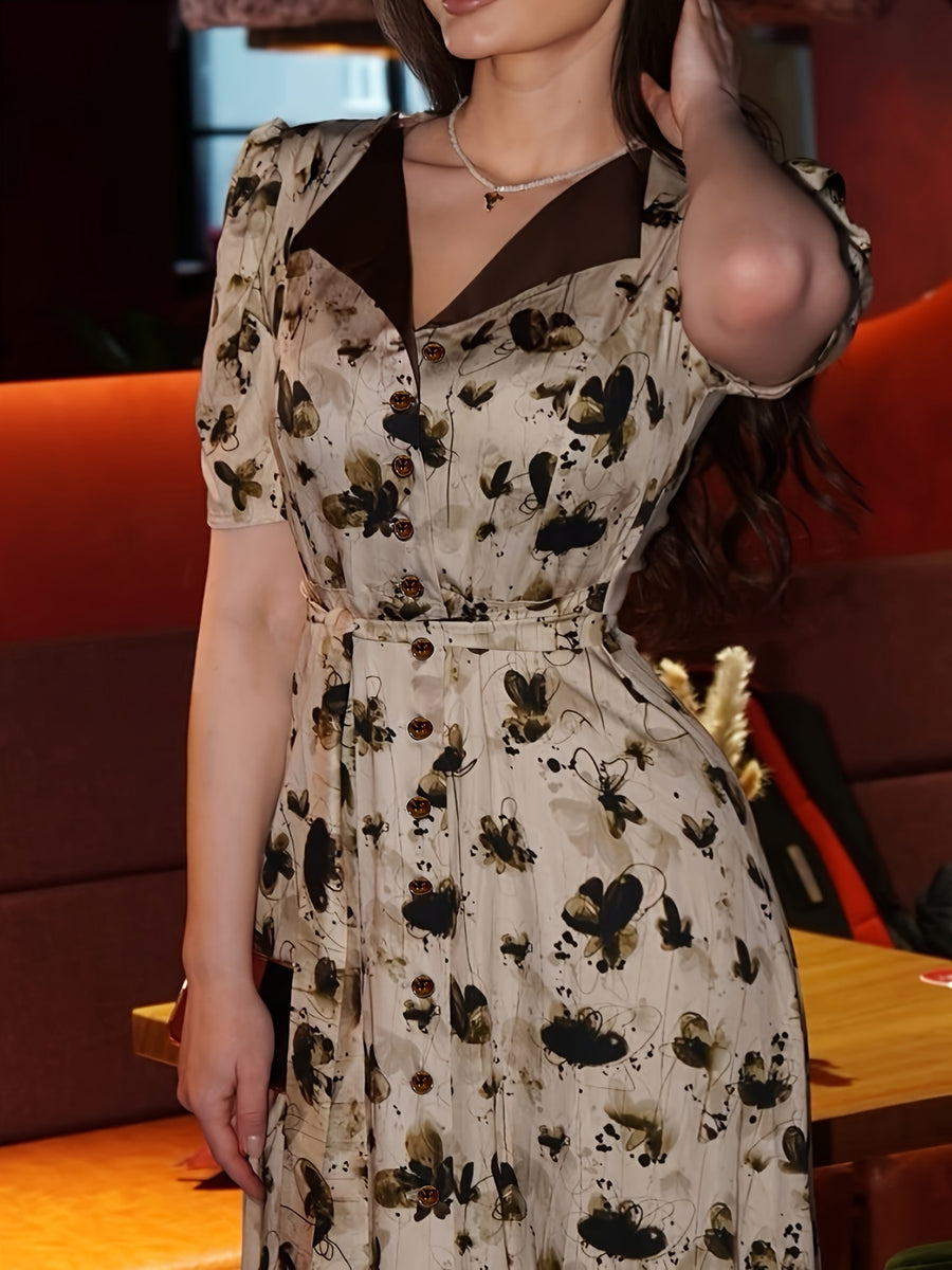 Women's French Vintage Lapel Collar Dress with Waist Cinch - Short Sleeve -Neck -Line Midi Dress, Blouse-Suitable for Daily Commuting, Short Bell Sleeves & Contrast Collar, Spring Summer Office to Casual Wear (Machine Washable) - Coffee Brown