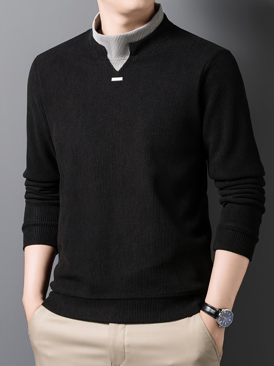 New High-Neck Men's Base Layer Shirt, Fashionable Trendy Casual -Lined Warm Sweater, Stylish Skin-Friendly Men's Autumn-Winter Knit Top F2136 - Black