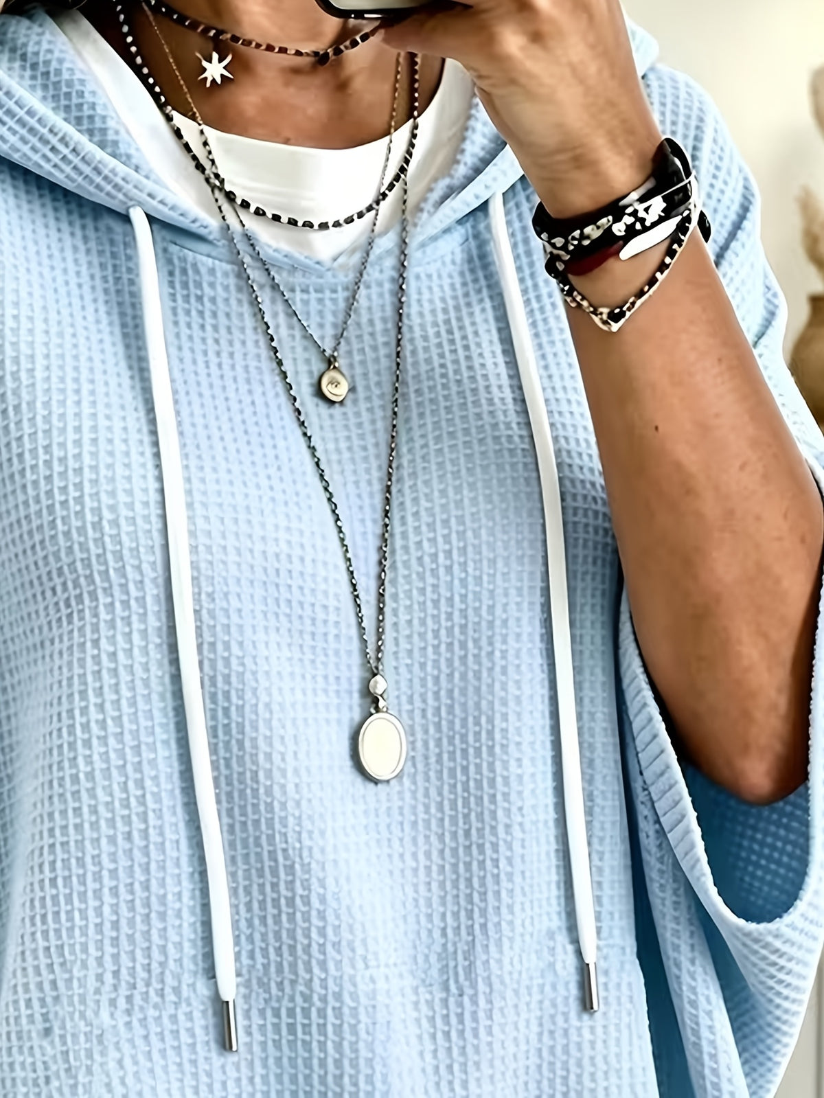 Women's Elegant Casual Solid Color Loose Fit Hooded Fashion Waffle Sweatshirt Top - Sky Blue