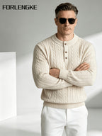 FORLENGKE Men'S Vintage Cable Knit Henley Sweater, Soft Warm Half-Button Pullover for Autumn Winter Daily Business Wear - Apricot