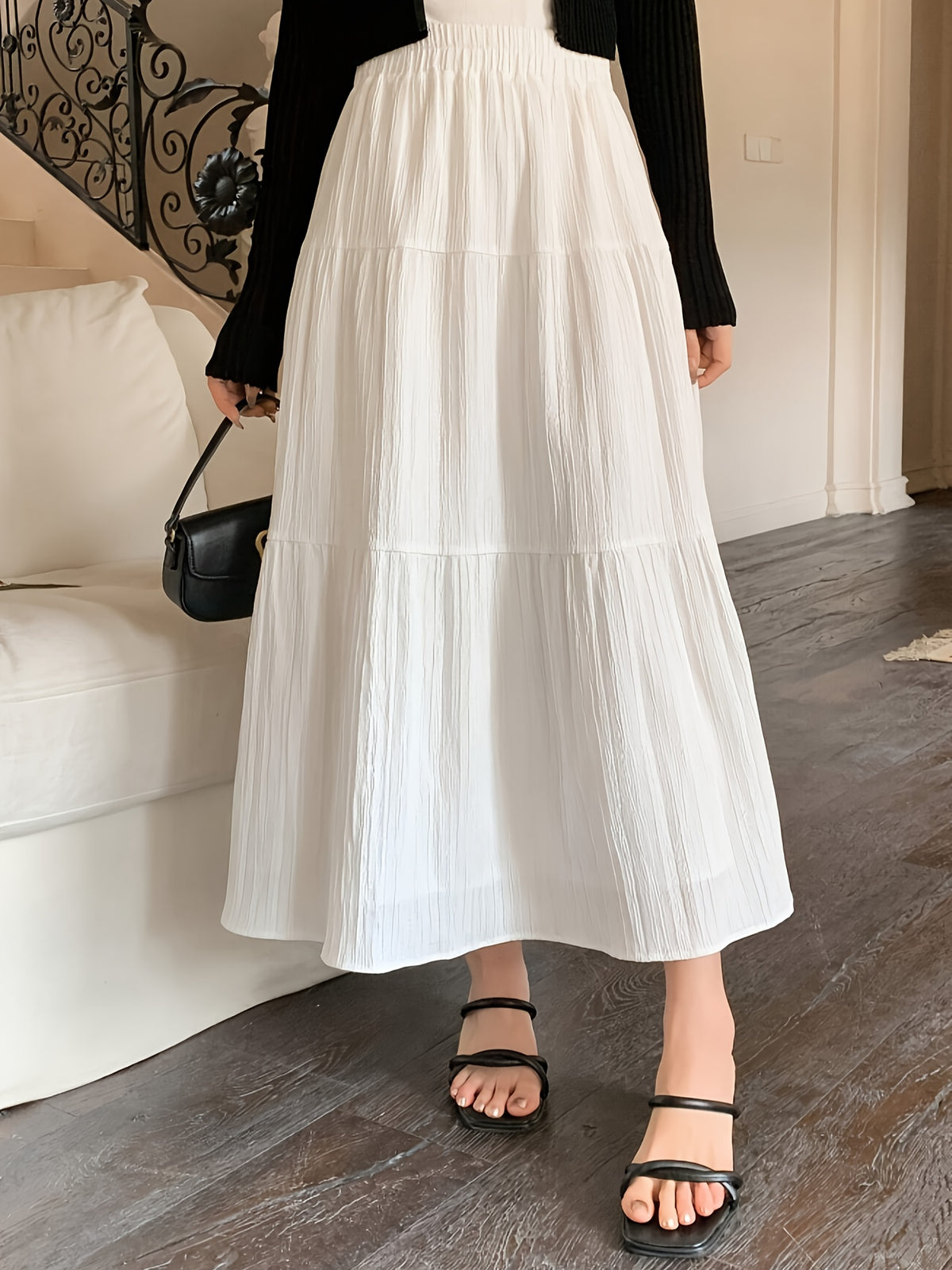 Midi Skirt Summer Cake High Waist New Elastic Mid-Length Large Swing Skirt White - White