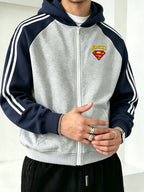 Street Fashion Style New Autumn Winter Men'S Sweatshirt Hooded Jacket Top with "Superman" Classic Logo Shield Design, Blue-Gray Striped Sleeve, Loose Fit, Men'S Apparel - Light Twist Gray