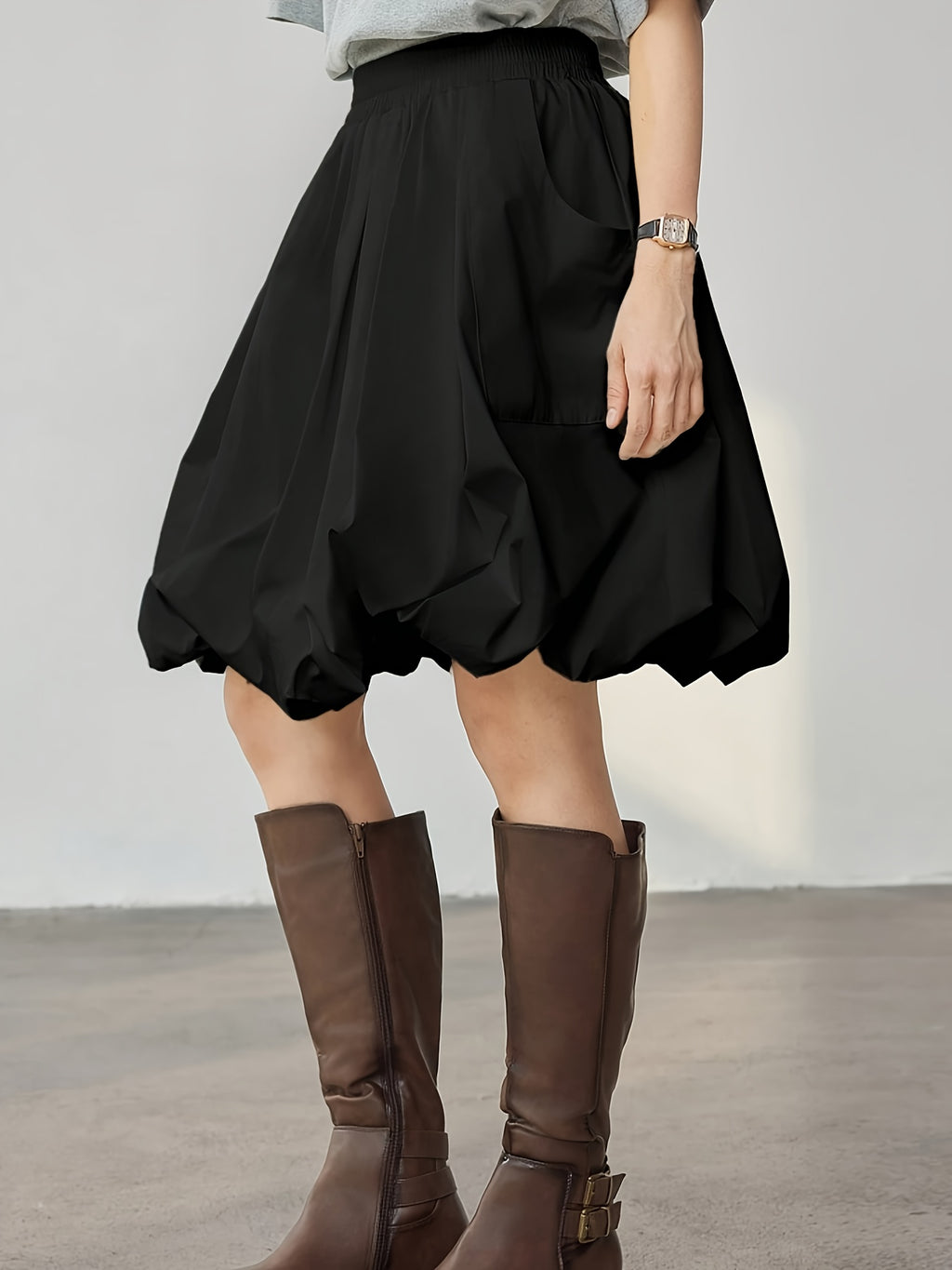 Women'S Elegant A-Line Skirt Solid Color Ruffled Hem - Black