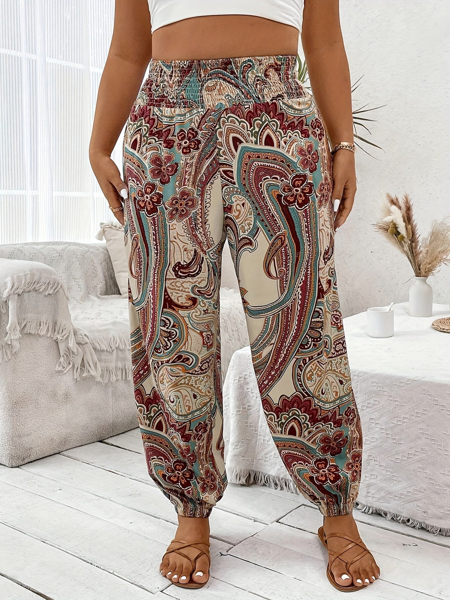 Vacation Full Body Printed High-Waist Elastic Waist Fashion Long Pants - Multicolor