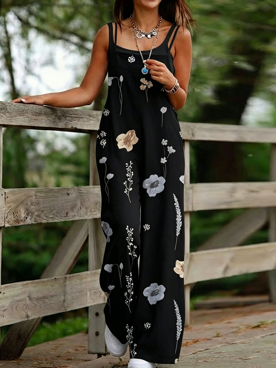 Ink Wash Floral Summer Loose Fit Wide-Leg Long Pants, Artistic Casual Versatile Women's Jumpsuit E0213 - Black