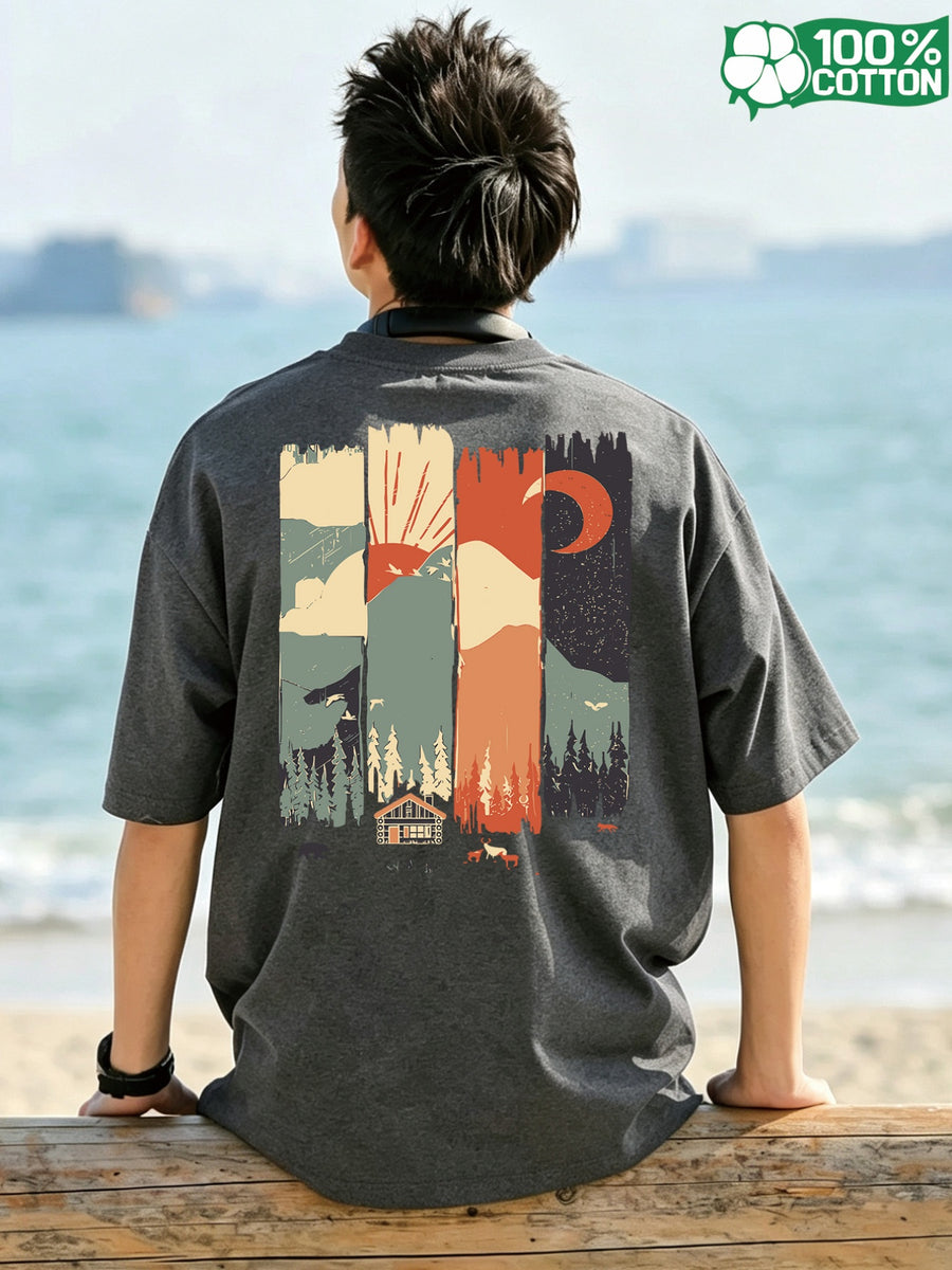 Short-sleeve T-shirt, Round Neck, Pure Cotton, Popular Summer All-season Landscape Print Featuring Mountains, Trees, and Animals. Breathable, Casual, and Versatile for Fitness. New Summer Pattern Print, Fashionable and Casual Style Suitable - Deep Gray