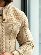 Joshmei OBM Halloween Men's Old Money Style Stand Collar Henley Shirt, Twisted Cable Knit Patchwork Checkered Long Sleeve Top, Comfortable and Warm Pullover, Suitable for Beach Vacations and Daily Wear, Men's Birthday Gift - Khaki