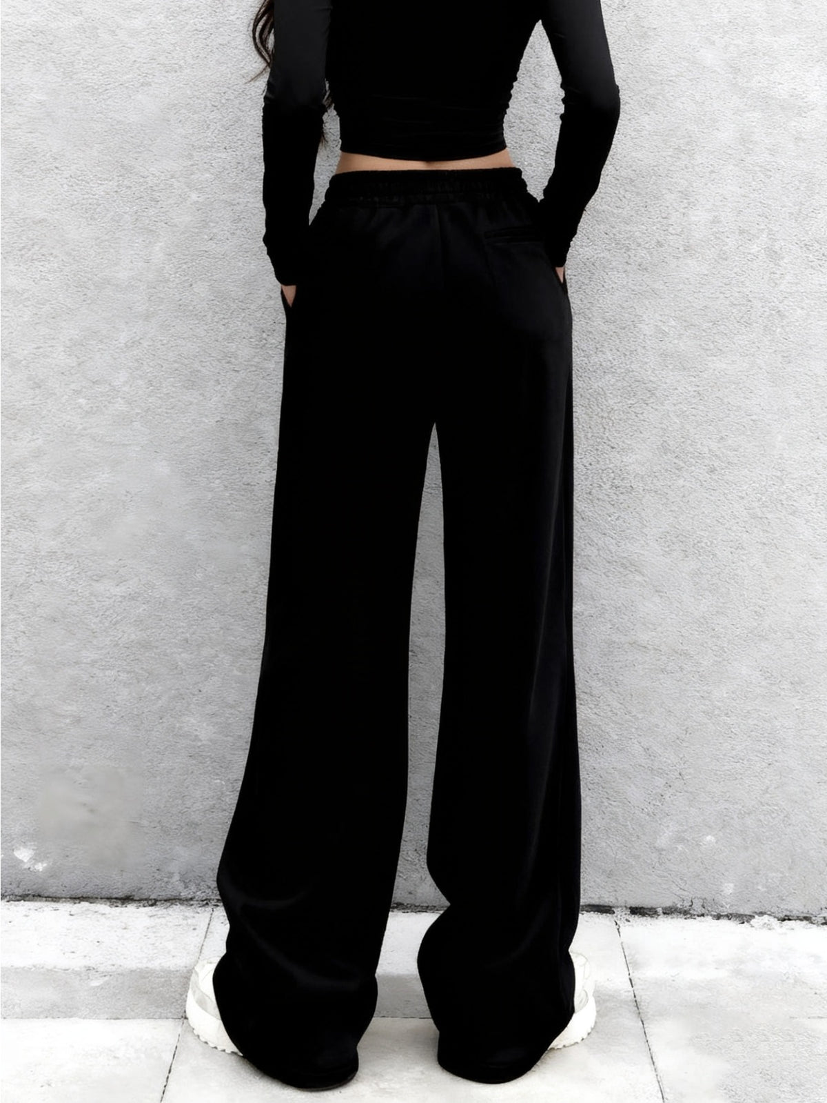 Women's Solid Color Wide-Leg Pants - Elastic Waist & Drawstring Pocket Sweatpants, Loose-Fit Full-Length Trousers for Casual Casual Attire, Lounge, Office & All-Season Comfortable (No  Needed) - Machine Washable Solid Coloration - Black