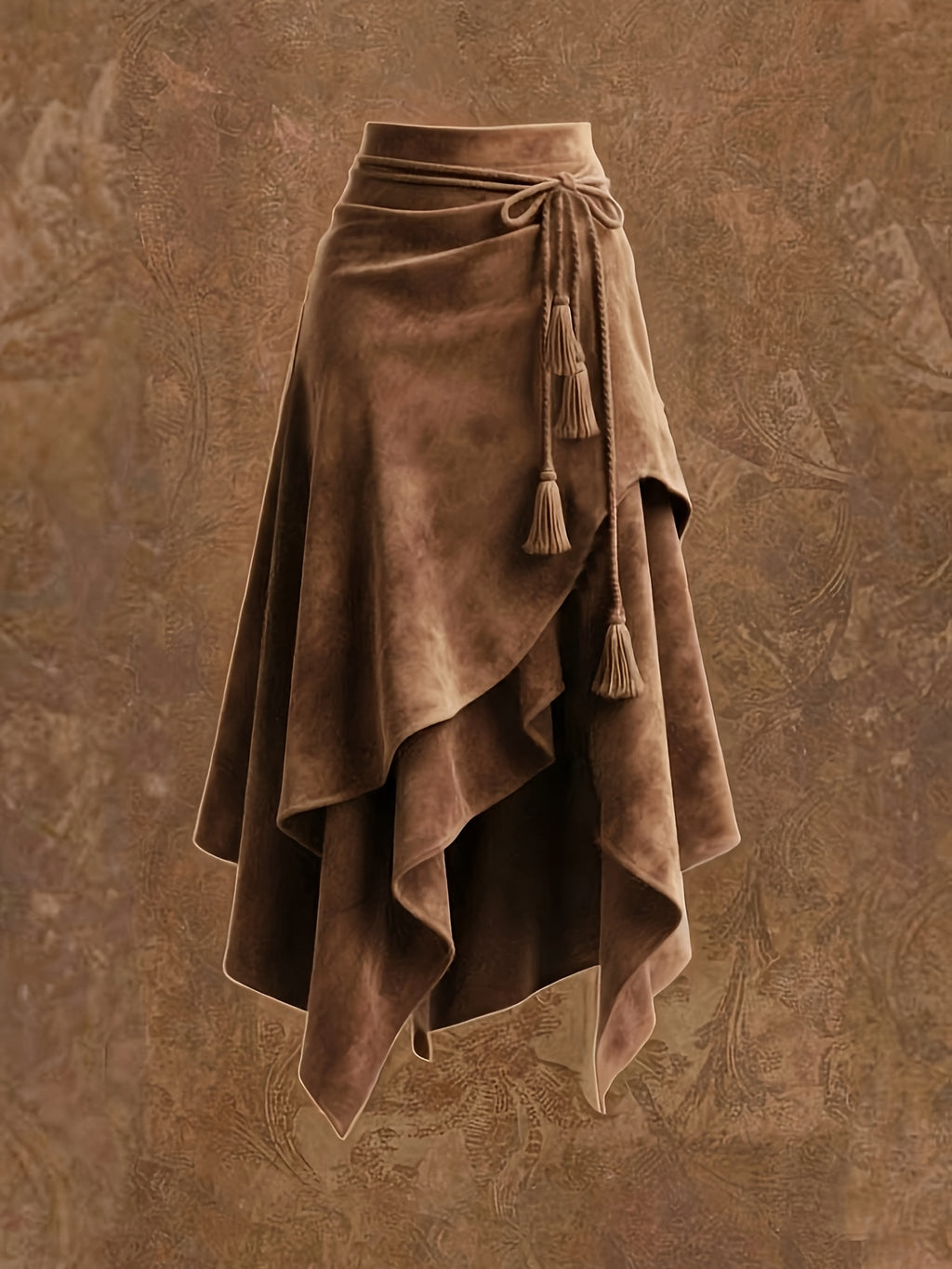 Vintage-style Irregular Midi Skirt with Waist Tie and Fringe Detail - ZLLZ - Dark Brown