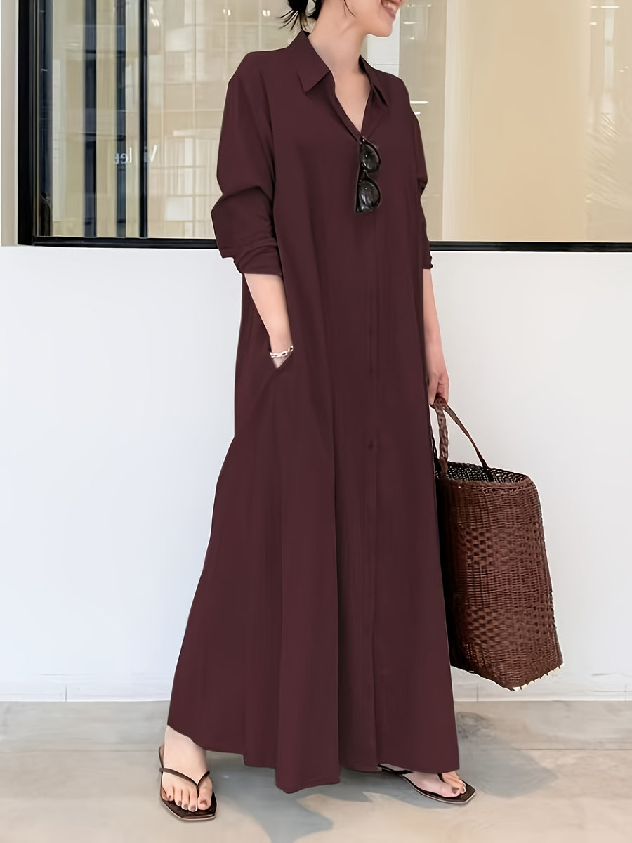 In Stock European And American New Solid Color Lapel Long Sleeve Pocket Easy Loose Casual Long Dress 1pc - Burgundy