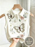Elegant and Stylish New Spring/summer Women's Polo Collar Floral Print Waist-cinching Slim-fit Design Statement Short Casual Versatile Sleeveless Tank Top - White