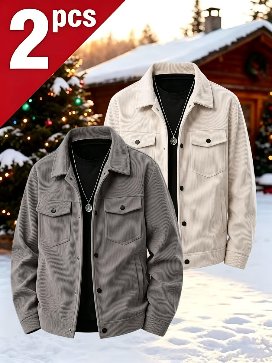 Men's Spring/Autumn Solid Color Long-Sleeve Functional Thermal Jacket, Corduroy Solid Color Jacket, Lapel Snap Button Closure Design, Upgraded Fabric, Multi-Functional Chest Pocket, Suitable for Daily Casual and Home Wear, Can Be Given as a Gift (Set - Grey+Apricot