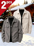 Men's Spring/Autumn Solid Color Long-Sleeve Functional Thermal Jacket, Corduroy Solid Color Jacket, Lapel Snap Button Closure Design, Upgraded Fabric, Multi-Functional Chest Pocket, Suitable for Daily Casual and Home Wear, Can Be Given as a Gift (Set - Grey+Apricot