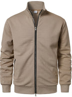 Spring/Autumn New Men's Solid Color Lapel Waffle Knit Long Sleeve Zipper Jacket, Comfortable and Breathable Outdoor Sports Men's Outerwear, Practical Jacket - Khaki