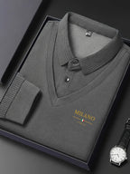 [Pearson OBM] Men'S Faux Two-Piece Long Sleeve Polo Shirt, Business Casual Style, Knit Collar V-Neck Patchwork Design with Button Placket, Ribbed Striped Cuffs And Collar, Mid-Career Men'S Business Top for Daily Gatherings And Commuting - Grey