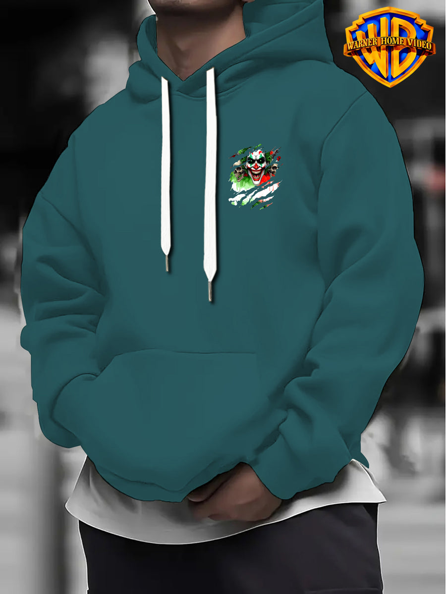 [Officially Licensed by Warner Bros] 1pc, Street Ripped Texture Dark Skull Clown Portrait Casual Hoodie - Men'S Fashion Sweatshirt, Adjustable Drawstring Loose Comfortable Hoodie, Suitable for Daily And Outdoor Wear - Green