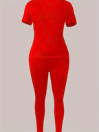 XDCH12L92 European and American Women's Casual Sporty Round Neck Loose Short Sleeve Long Pants Set with Unique Print Two-Piece Outfit - Red