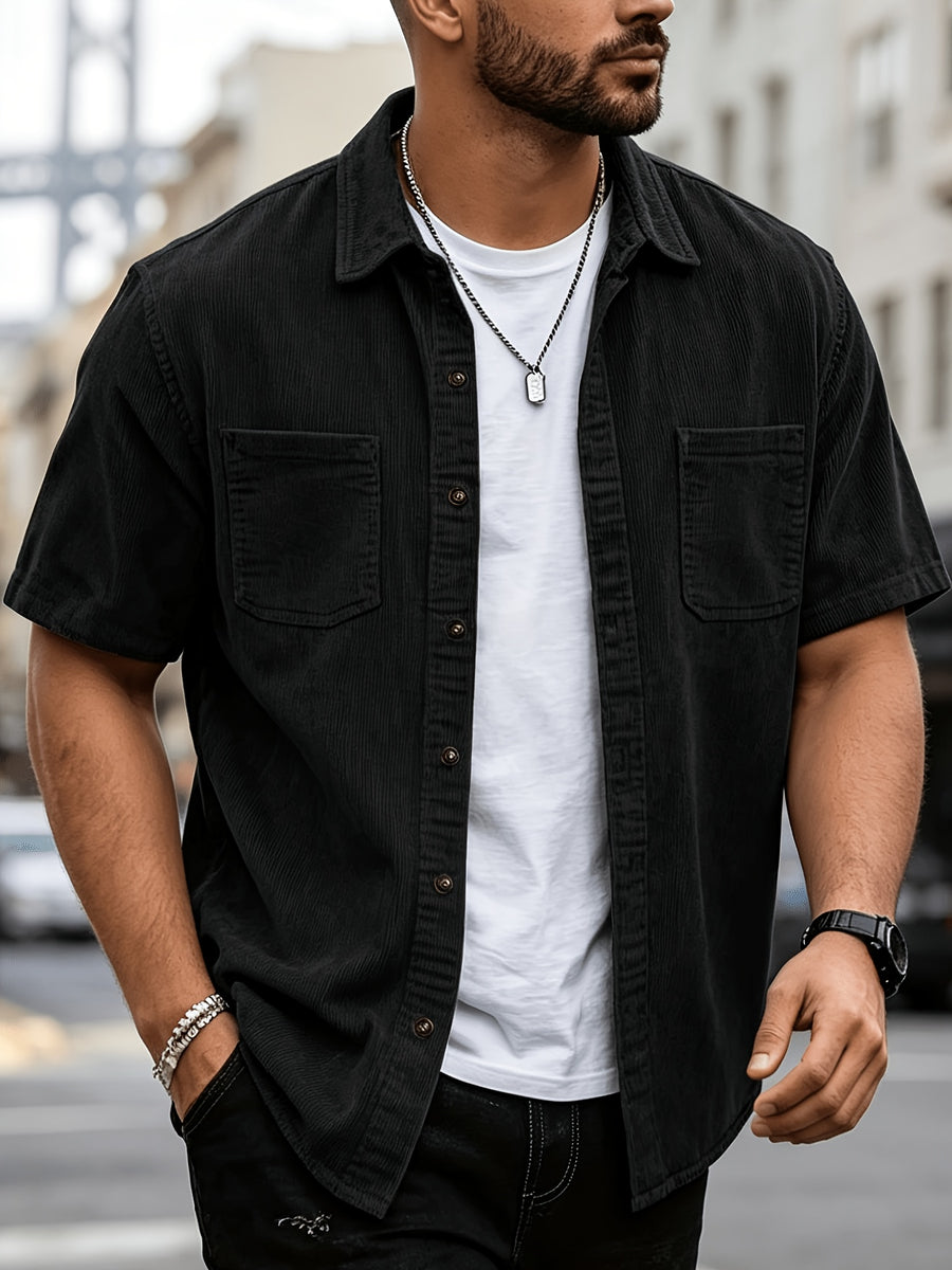Summer Men'S Solid Color Pinstripe Corduroy Shirt, Lapel Double Pocket Design Loose All-Match Short Sleeve Shirt Jacket - Black