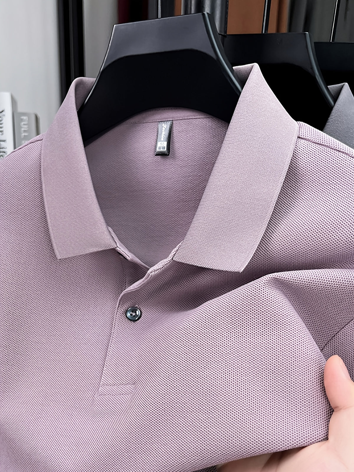 Spring and Autumn Men's Lapel Polo Shirt, Fashionable Solid Color Base Layer Top, Versatile Business Casual Long Sleeve T-Shirt, Suitable for Daily Work Scenes, The Best Gift for Friends and Relatives - Light Purple