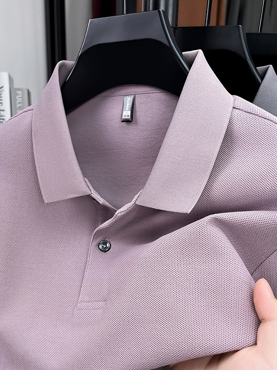 Spring and Autumn Men's Lapel Polo Shirt, Fashionable Solid Color Base Layer Top, Versatile Business Casual Long Sleeve T-Shirt, Suitable for Daily Work Scenes, The Best Gift for Friends and Relatives - Light Purple