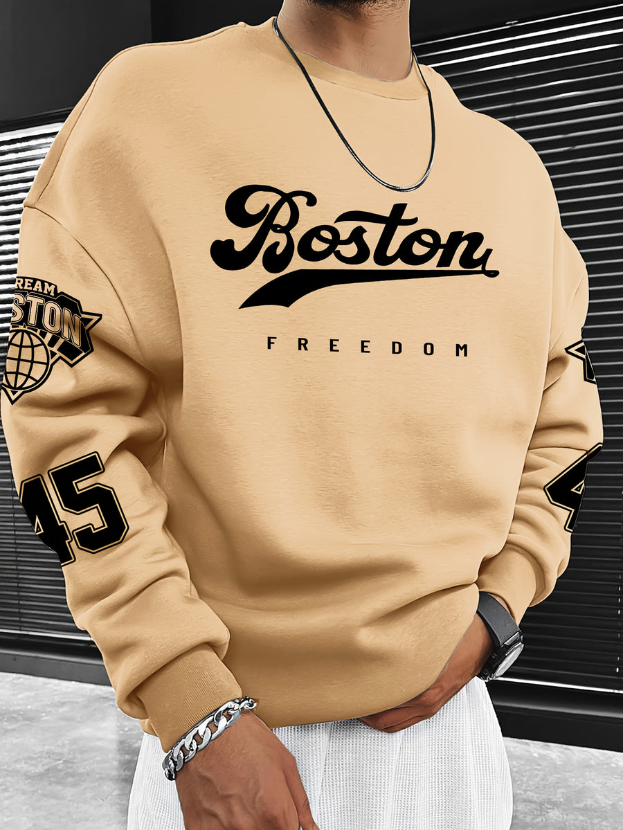Men'S Fashion Casual "Brooklyn Victory" Letter Print Sweatshirt, Polyester Fabric, Loose Fit, Versatile Men'S Sweatshirt - Apricot