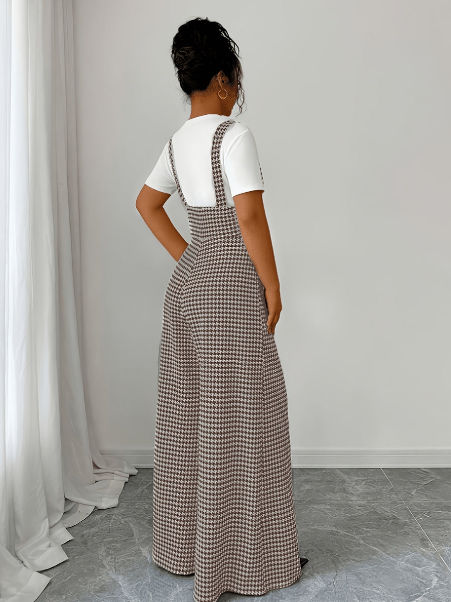 Elegant Women'S Houndstooth Camisole Straight Wide-Leg Suspender Pants, Retro Casual Overalls, All-Season Versatile for Fall And Winter - Khaki