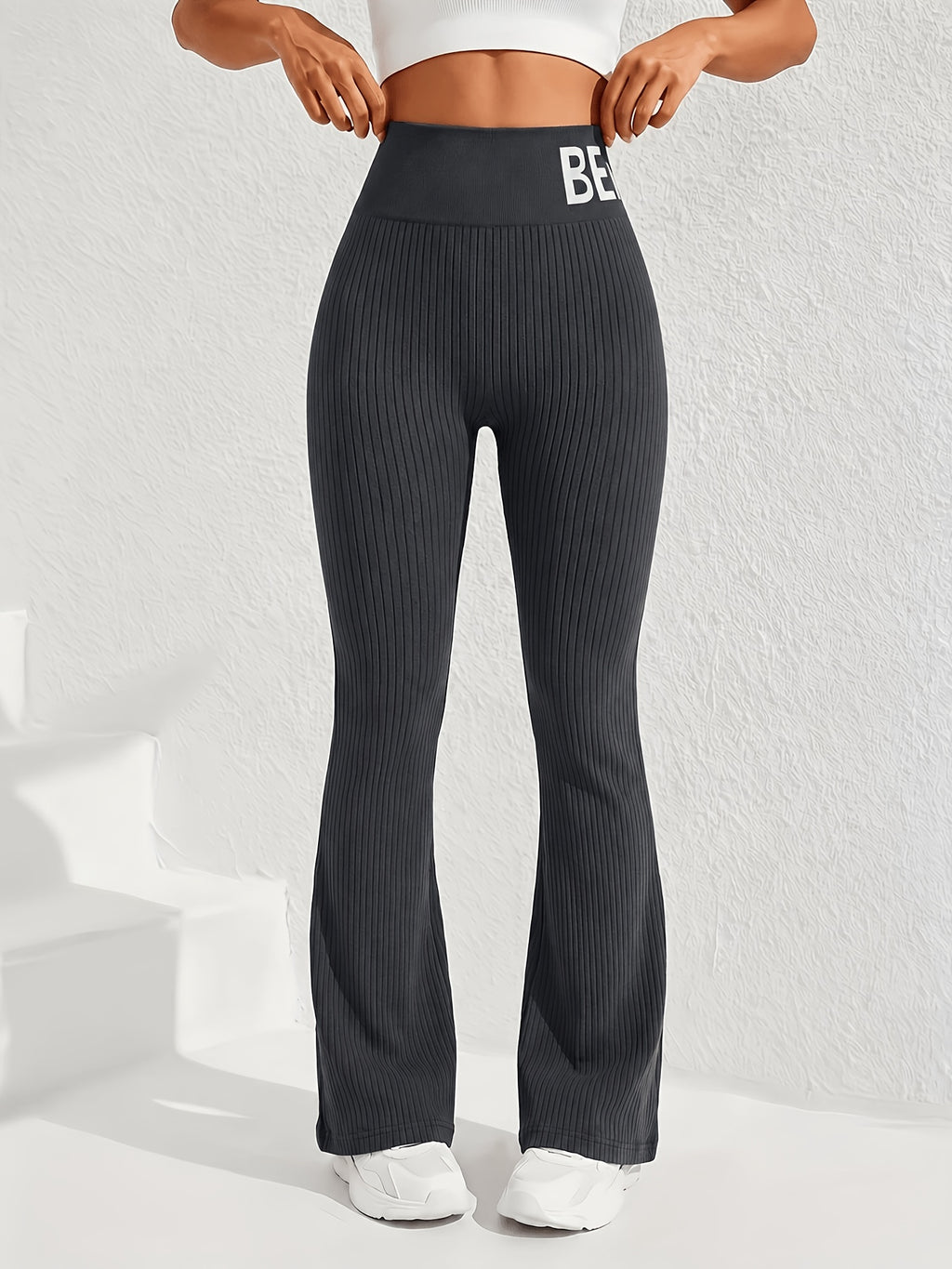 DW260607028 Women's Fashion Letter-Print Ribbed Flared Pants, Everyday Casual Y Fitness Flared Trousers - Grey