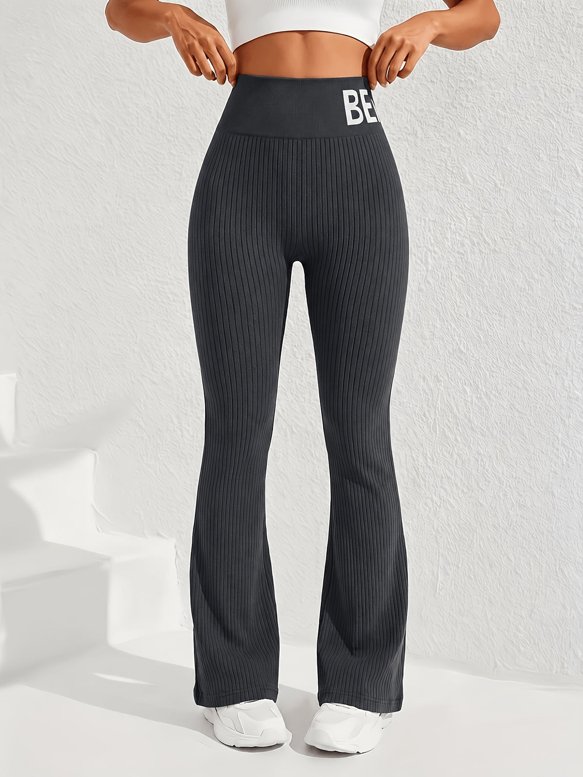 DW260607028 Women's Fashion Letter-Print Ribbed Flared Pants, Everyday Casual Y Fitness Flared Trousers - Grey