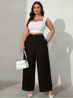 Women's Solid Color Fashion Commuter Wide-Leg Pants with Pockets - Black