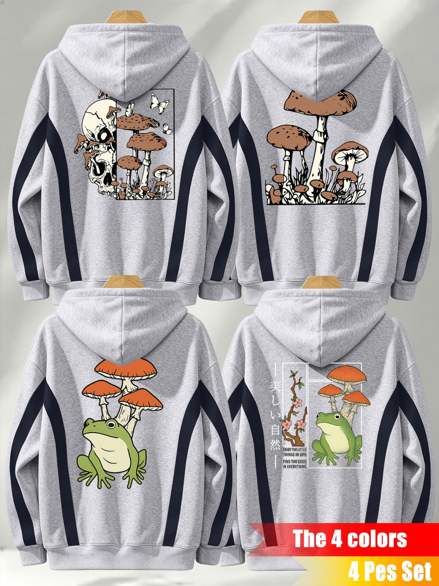 4pcs Set: Autumn/Winter Men's Pullover Hooded Sweatshirt with Diagonal Contrast Color Line Cut on Sleeves, Street Style Top. Features Adjustable Drawstring and Large Kangaroo Pocket for Storing Phones and Small Items. Made of Skin-Friendly - Gray+grey+grey+grey