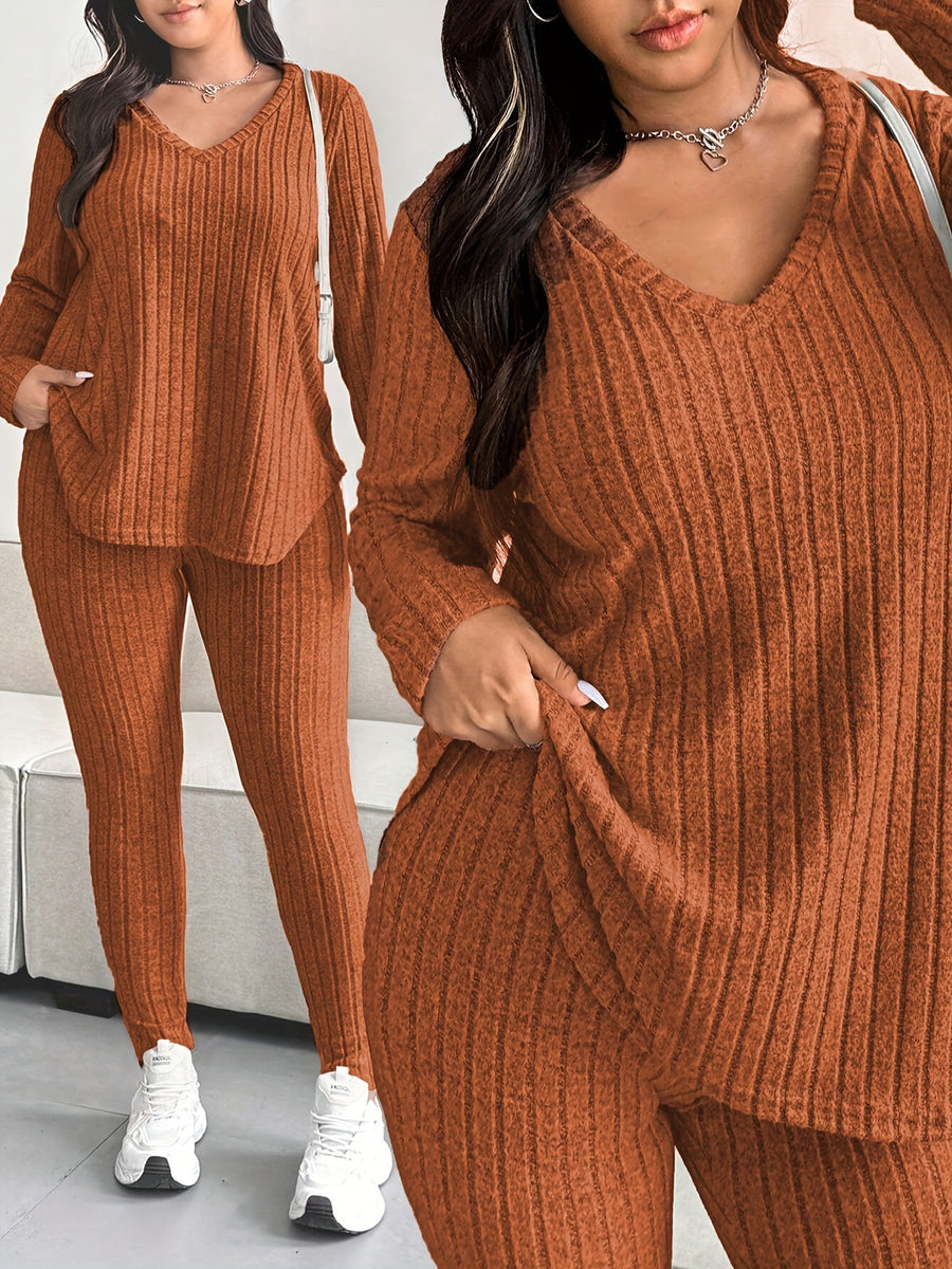 2-Piece V-Neck Top + Pants Set, Fleece Striped Outfit, Loose V-Neck Top, Waist-Tie Slimming Pants, Solid Color, Casual Sportswear Home Wear - Coffee