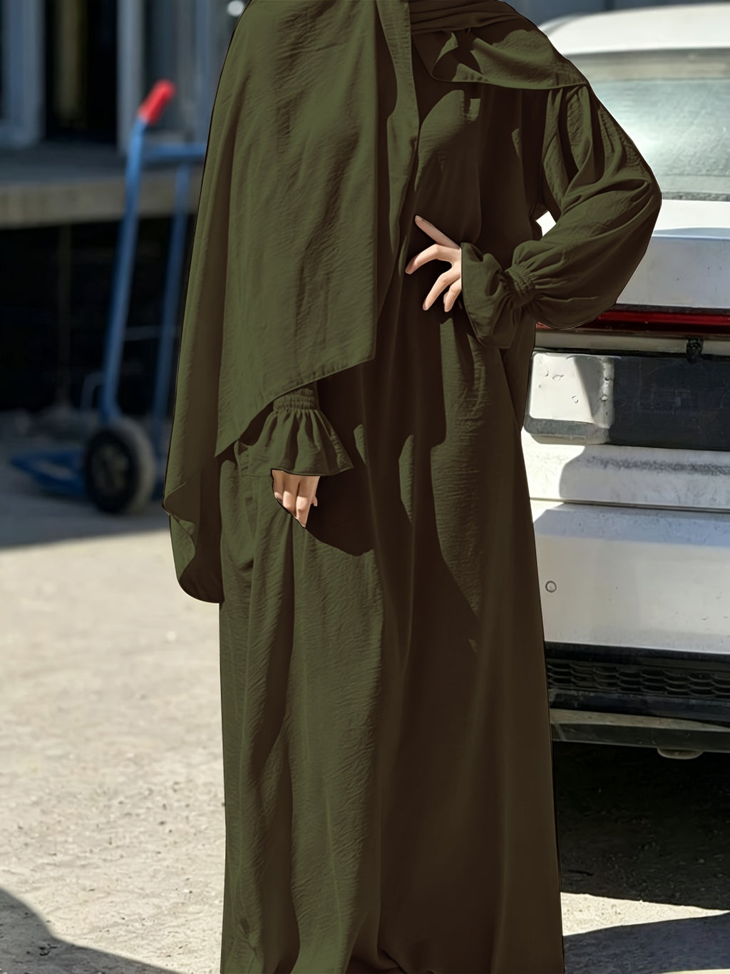 1pc Ice Wrinkled Fabric Scarf And Robe Abaya Khimar Loose Cuff Design Easy Fashion Suitable for Women'S Daily Wear And Prayer All Seasons - Olive Green