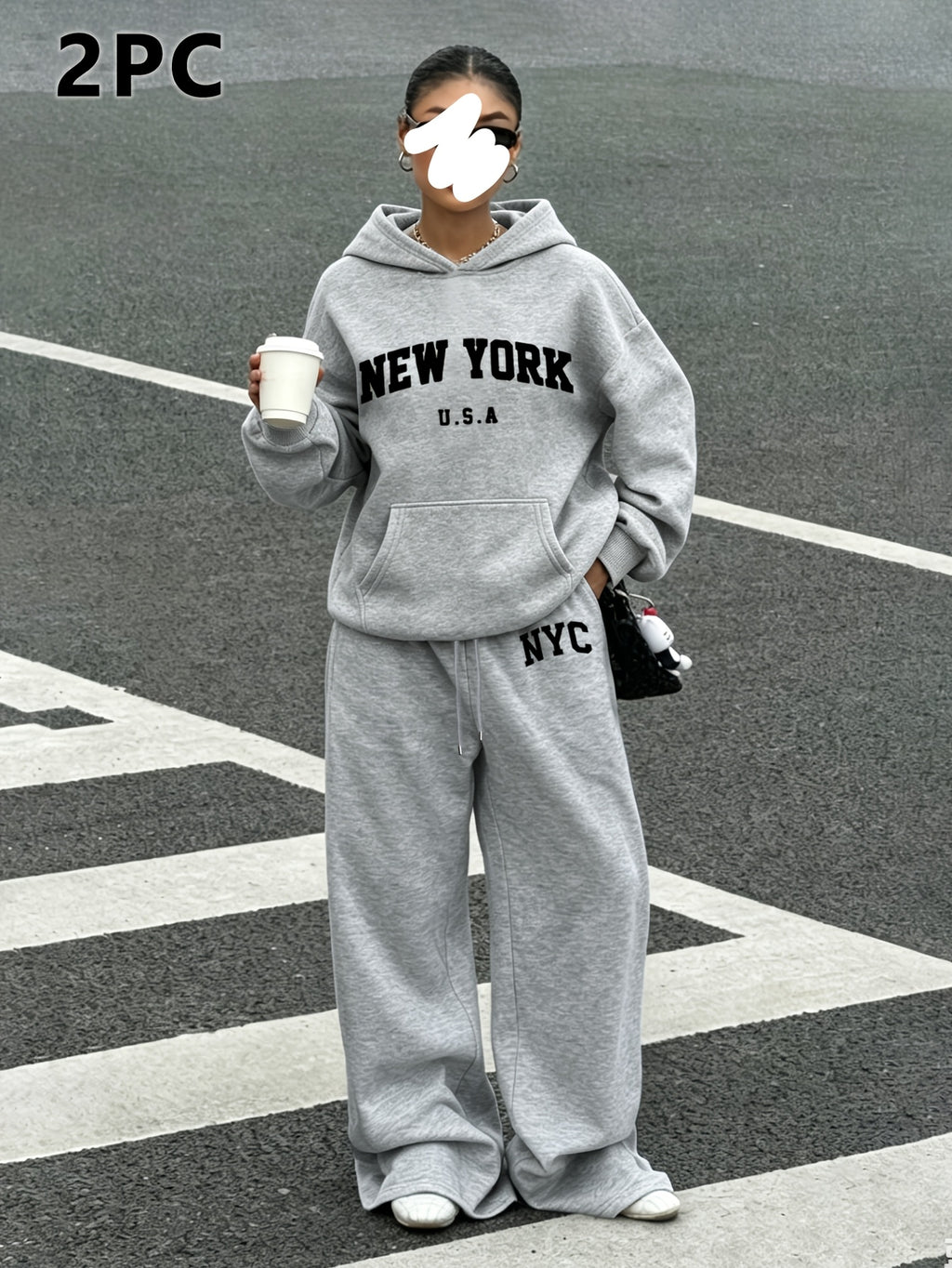 Fashion Women'S Two-Piece Set NEW YORK Pattern Printed Fleece-Lined Autumn Winter Campus Style, Classic Preppy Suit Women'S Trendy Elegant Temperament Sweatshirt And Joggers - Light Gray