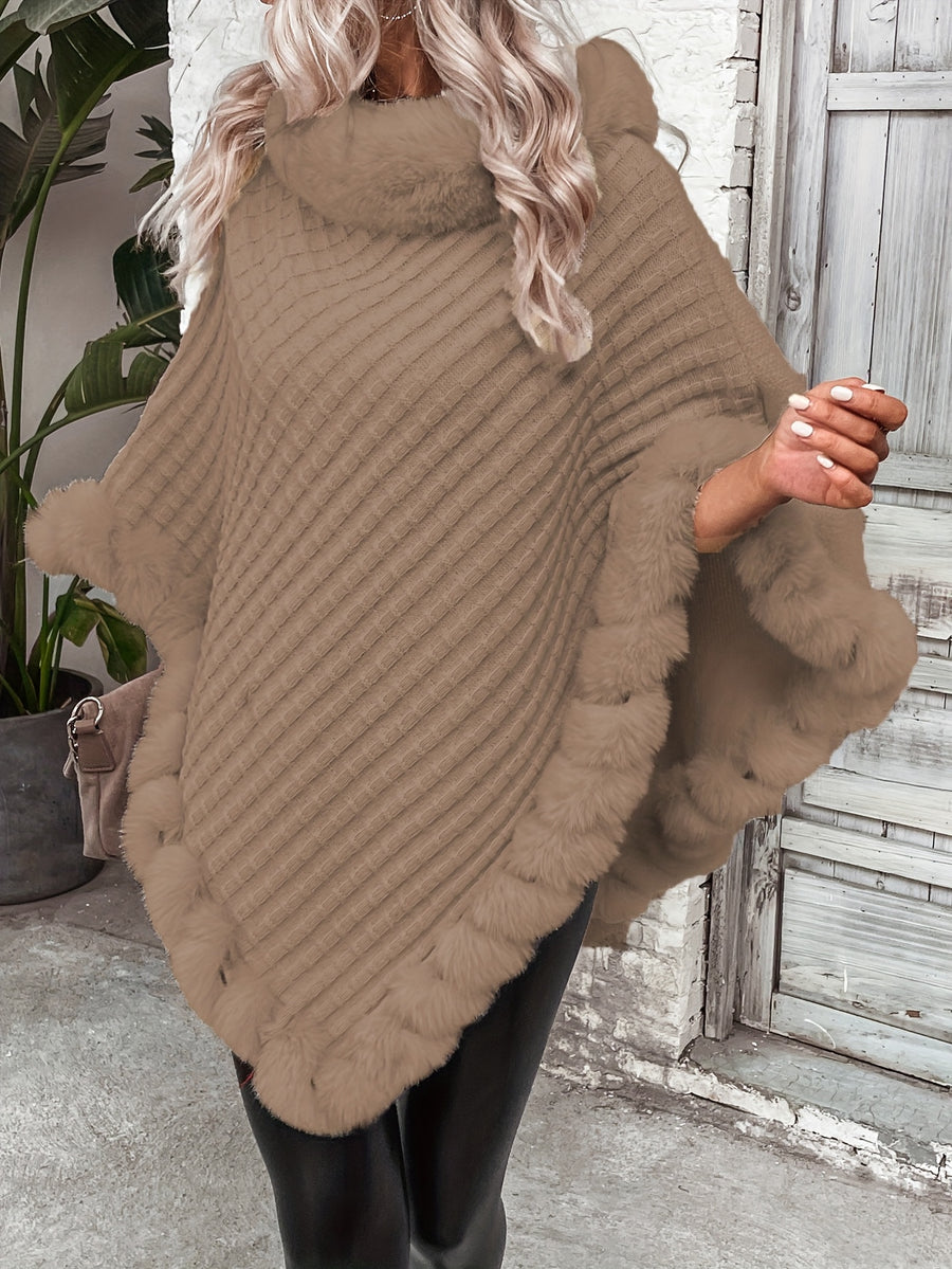 Women'S Elegant Faux Fur Collar Cape Coat - Soft Winter Coat with Plush Fur Trim, All-Season Chic Outerwear for Everyday & Formal Events - Khaki