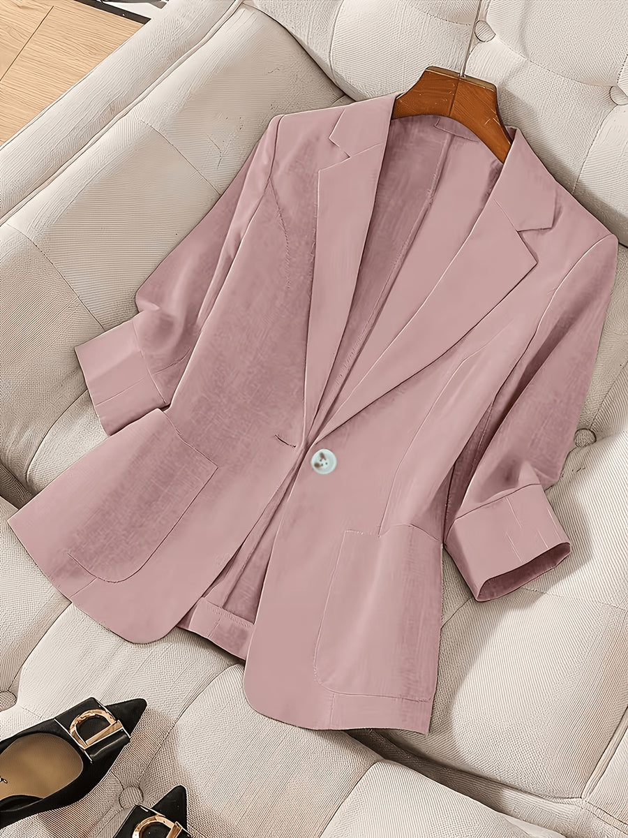 Women'S Casual Solid Single-Breasted Blazer, Spring/Summer Thin 3/4 Sleeve Lapel Coat - Pink Color